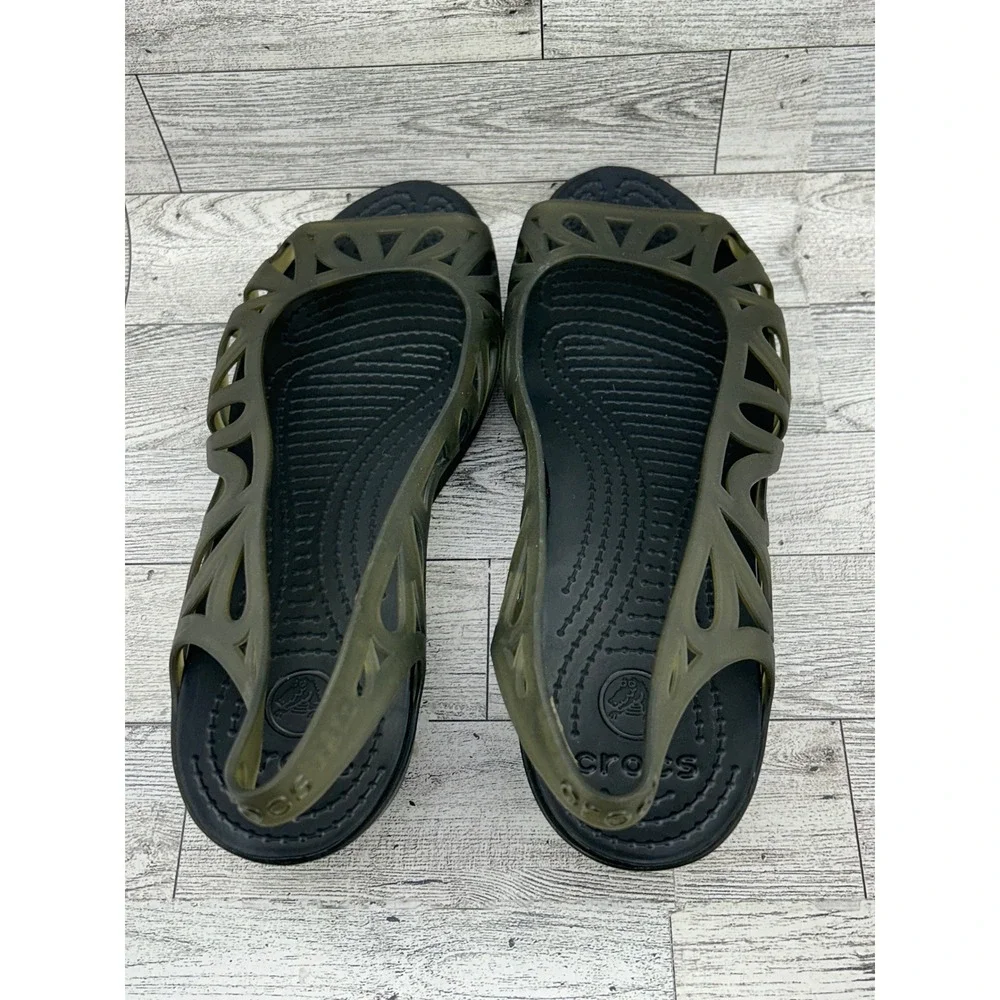 Crocs Adrina‎ III Peep Toe Wedge Sandals Army Green Black Womens 9 14937